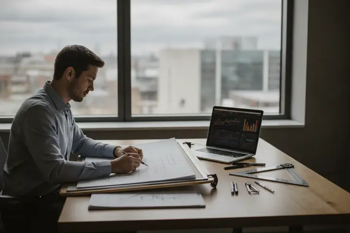 Engineer reviewing technical drawings and analytics charts on a laptop at an office desk